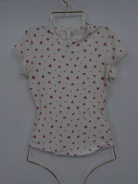 SKIMS Floral Ribbed Baby Tee Lace Trim Soft Lounge Top XS